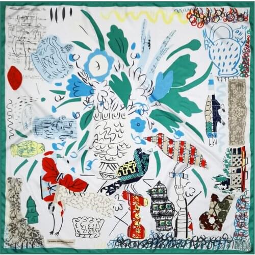 POBING Manual Hand Rolled Twill Silk Scarf Women Graffiti Print Square Scarves Echarpes Foulards Femme Wrap Bandana Hijab 90CM