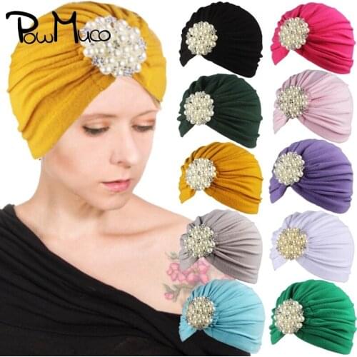 Powmuco Boutique Pearls Rhinestone Women Indian Hat Solid Color Polyester Cotton Warm Caps Girls Clothing Decoration Photo Props