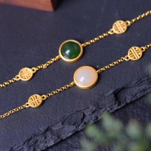 Simple Style S925 Sterling Silver Ancient Gold Hetian Jade round Egg Noodle Bracelet 2020 New Hot Sale New Product