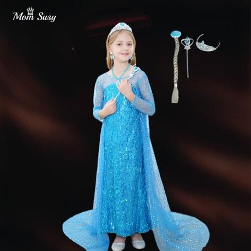 Baby Girl Anna Frozen 2 Sequins Mesh Dress Long Length White Blue Girl Vestido Vintage Party Birthday Carnival Dress Costume
