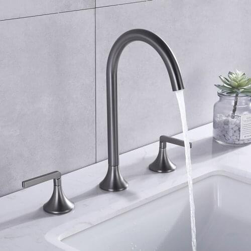 Basin Faucets Mixer Gun Gray Brass Deck Mounted Square Bathroom Sink Faucets 3 Hole Double Handle Hot and Cold Water Mixer Taps