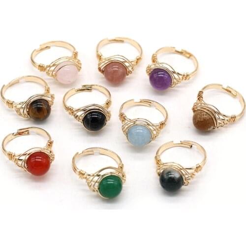 Fine Handmade Gold Color Wire Wrap Tiger Eye Agates Ball Finger Ring Reiki Heal Open Rings Jewelry for Women Party Gifts