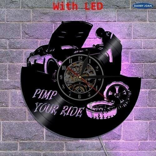 Repairing Car Vinyl Wall Clock Creative Garage Wall Decor Art Pimp Your Ride Theme Wall Mounted Clock With LED Lighting