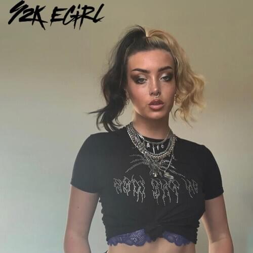 Y2K EGIRL Mall Goth Y2K Rhinestone Black T-shirta E-girl Aesthetics Spider Graphic O-neck Short Sleeve Crop Tops Slim Streetwear