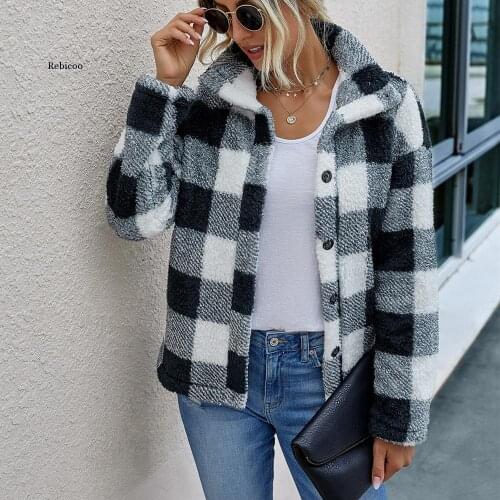 Ladies Vintage Autumn Winter Plaid Jacket Women Coat Faux Fur Streetwear Lapel Loose Outerwear Jacket Female Coats Chic Tops
