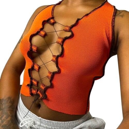 Women’s Ribbed Knitted Vest Sleeveless Color Blocking Hollowed Bandage Crop Tops for Summer