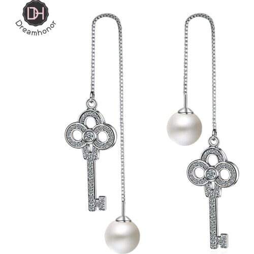 Dreamhonor Personality Female Pearl Zirconia Key 925 Sterling Silver Drop Earrings Fashion Wedding Jewelry Accessories