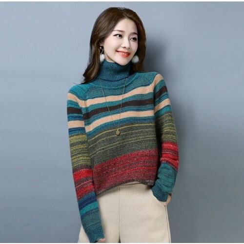 2021 Women Autumn Winter Turtleneck Long-sleeved Sweater Pullover New Korean Style Loose Colored Striped Tops Thick PL555