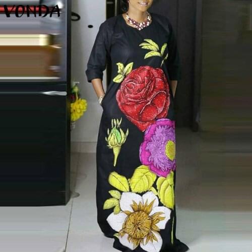 Women Bohemian Floral Print Dress 2021 VONDA Sexy Long Sleeve Party Dress Casual Loose Maxi Dresses Vestido Robe Femme