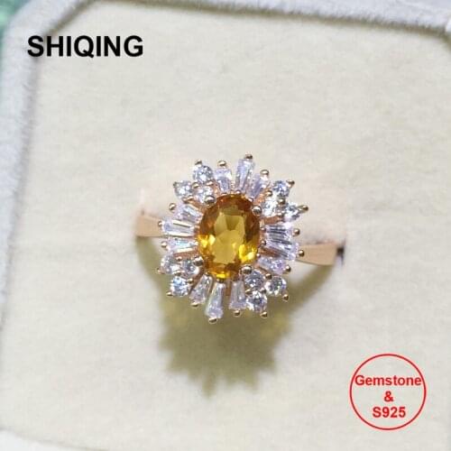 SHIQING Fine Jewelry genuine gemstone citrine yellow flower beauty 925 sterling silver rings for women