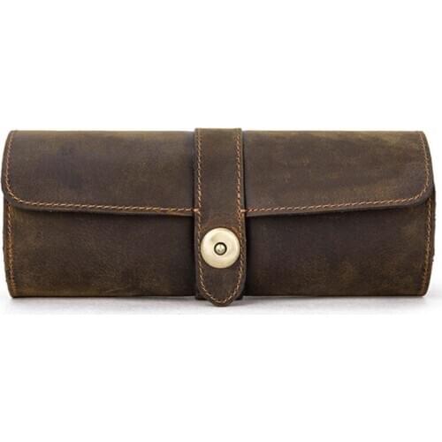 3 Slots Genuine Leather Watch Roll Travel Case Portable Vintage Horse Leather Display Watch Storage Box Watch Organizers