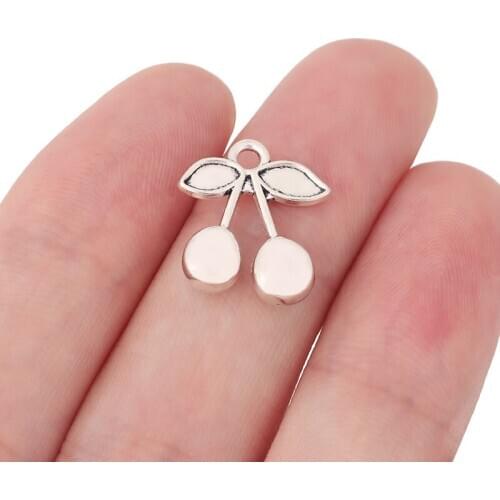 30 x Silver Plated Cherries Fruit Charms Pendants Beads for Necklace Bracelet Jewelry Making Accessories 16x15mm