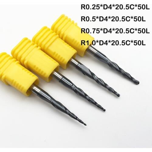 4PCS Assorted R0.25&0.5&0.75&1.0mm HRC55 Tungsten solid carbide Tapered Ball Nose CNC Router Tools End Mills and cone cutter Bit