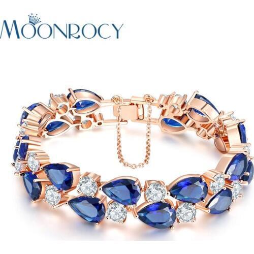 MOONROCY Free Shipping Rose Gold Color Cubic Zirconia Blue Green Austrian Crystal Bracelet Bangle Jewelry Wholesale for Women