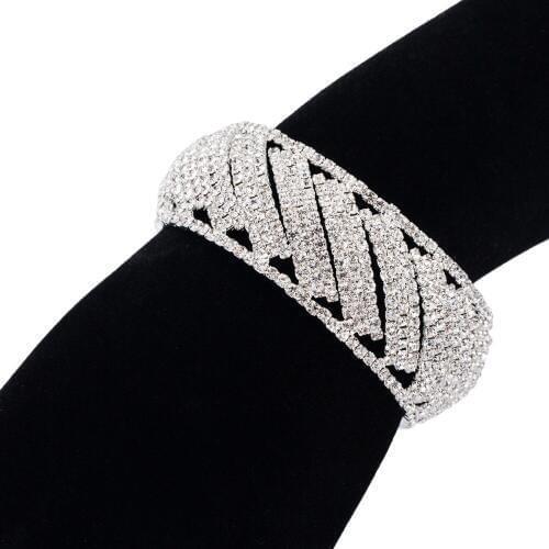 YFJEWE Silver Color Plated Bridesmaid Bridal Wedding Style Rhinestone Bracelets Clasp Wide Wedding Cuff Bangles B182