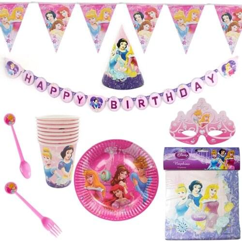 Disney Princess Baby Shower Disposable Tableware Girl Birthday Party Decoration Plates Cups Banner tablecloth Kids Dinner Set