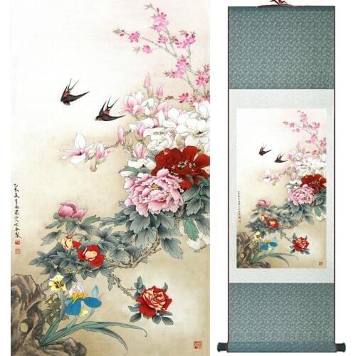 Peony Painting Home Office Decoration Chinese scroll painting birds painting peony and birds paintings LTW2017112320