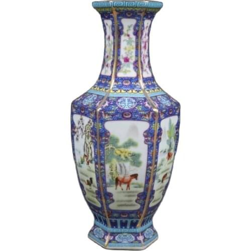 Chinese old Enamel colored porcelain Hexagonal Bottle of the Twelve Zodiac Vase