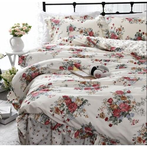New garden flower print bedding set European ruffle duvet cover elegant bed skirt bedspread princess bed clothes