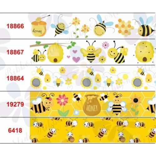 16mm-75mm Cartoon Bee Ribbon Flower/Geometric/Checked Printed Grosgrain/Hatred Ribbon For DIY Home Decoration Hair Bow Making