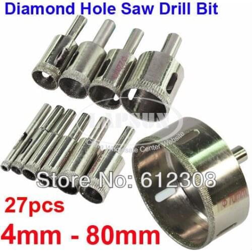 27pc 4mm 20mm 30mm 50mm 80mm Assorted Diamond Coated Hole Saw Drill Bit Set Cutter Kit Tool For Glass Marble Tile Granite