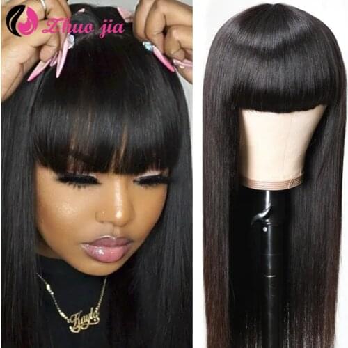 Zhuo Jia Straight Human Hair Wigs With Bangs Brazilian Wig Full Machine Made Wigs High Quality 150 Density Remy Human Hair Wig