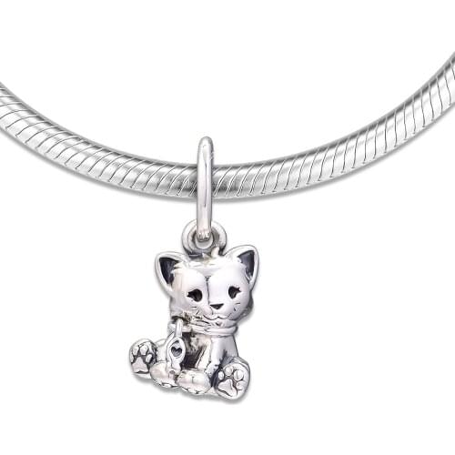 Fits For Pandora Charms Bracelets Sweet Cat Dangle Beads 100% 925 Sterling-Silver-Jewelry Free Shipping
