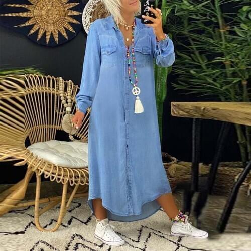 Casual Demin Dress Women Long Sleeve Shirts Dresses 2021 VONDA Office Ladies Asymmetric Sundress Vestidos Femininas S