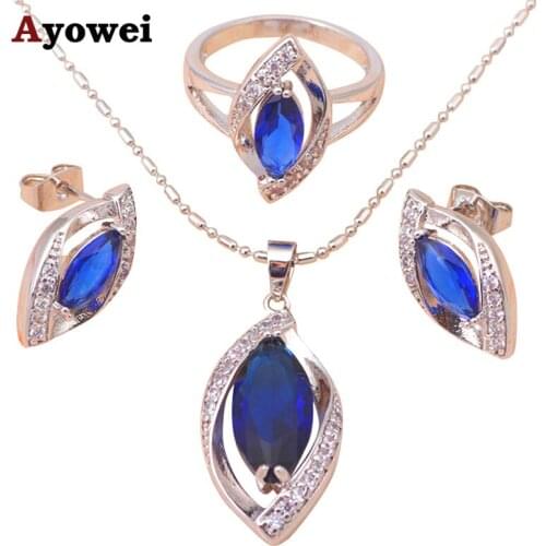 Siliver filled Fine Jewelry Blue Zircon Fashion jewelry Set Necklaces & Pendants Earring Ring sz #5.5#6.5#7.5#8.5#9.5 JS511A