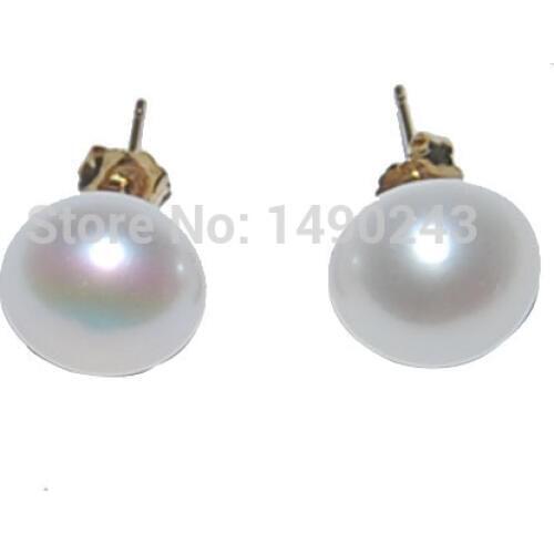 12-13mm AAA White Button Pearl Earring with 14K Yellow Gold Stud