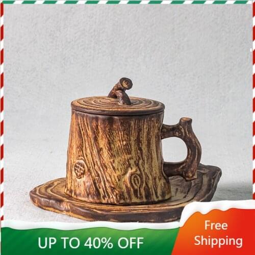 Tree Stump Japanese Handmade Pottery Coffee Cup Tea Set Porcelain Vintage Coffee Cups Porcelana Tea Cups And Saucer Sets AA50BD