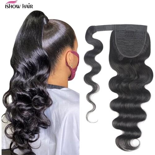 Ishow Body Wave Long Ponytail Human Hair Wrap Around Clip In Ponytail Hair Extensions Brazilian Human Hair Ponytails For Women