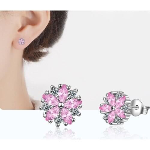 Womens Fashion Cherry Blossoms Stud Earrings Minimal Pink Flower CZ Stone Stud Sakura Earring Piercing Jewelry For Lady Girls
