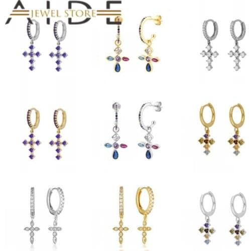 Aide Huggie Earring 925 Sterling Silver Bling Colorful Zircon Cross Hoop Earrings For Women Girl Pendientes Cruz Bijoux Femme