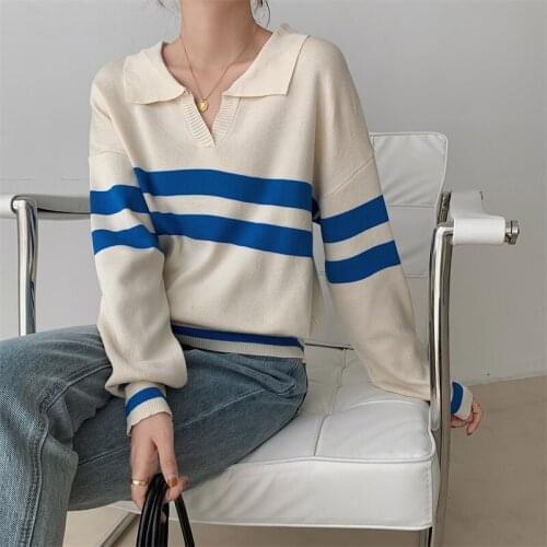 Korean Striped Sweater Women Fall 2021 V Neck Long Sleeve Knitted Pullovers Casual Loose Tops Tees Vintage Female Jumpers S097