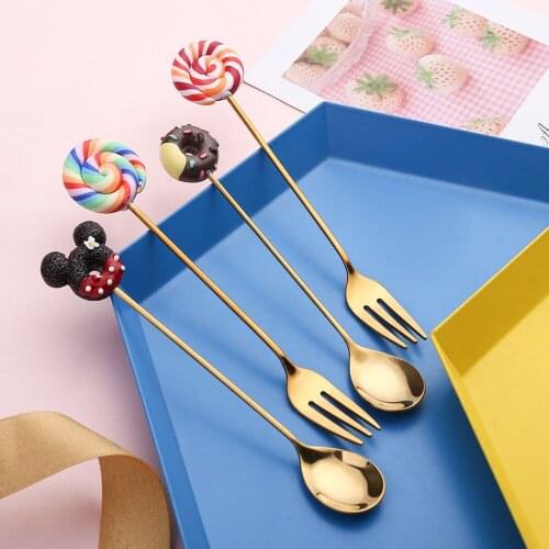 1Pcs Cute Stainless Steel Spoon Children Cartoon Fruit Fork Donut Tea Cake Spoon Fork Tableware Coffee Dessert Kitchen Tools