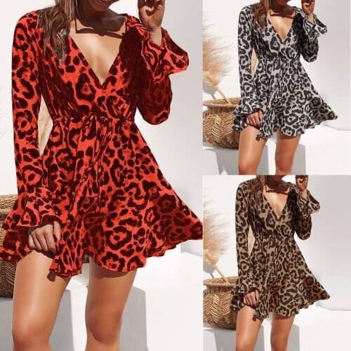 2020 Summer Chiffon Dress Women Leopard Print Boho Beach Dresses Casual Ruffle Long Sleeve A-line Mini Party Dress Vestidos