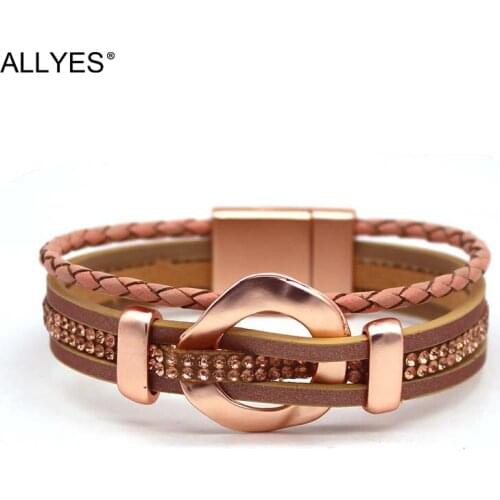 ALLYES Irregular Hollow Round Charm Leather Bracelets for Women Fashion Rhinestone Braided Wrap Bracelet Bangle Female Jewelry