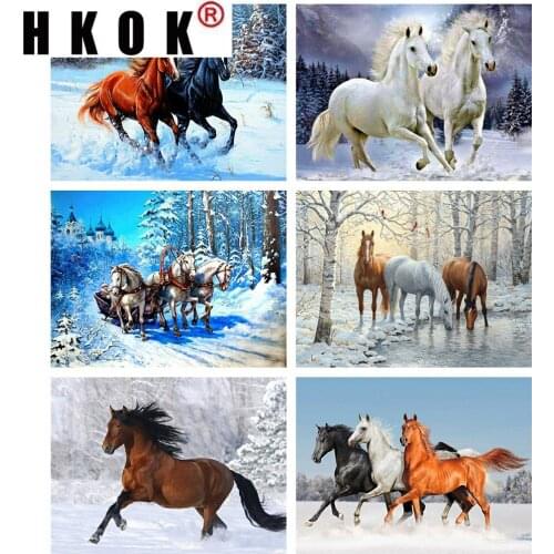 HKOK Home Decoration 5D Diamond Painting Horse Animals Mosaic Embroidery Cross Stitch Full Set Winter Rhinestone Pictures