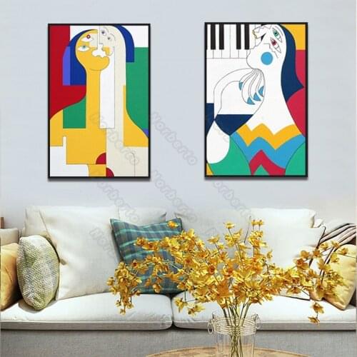 Nordic Style Canvas Painting Cartoon Women with A Long Neck Bright Colors Piano Poster Print for Home Rooms Gallery Wall Decorat