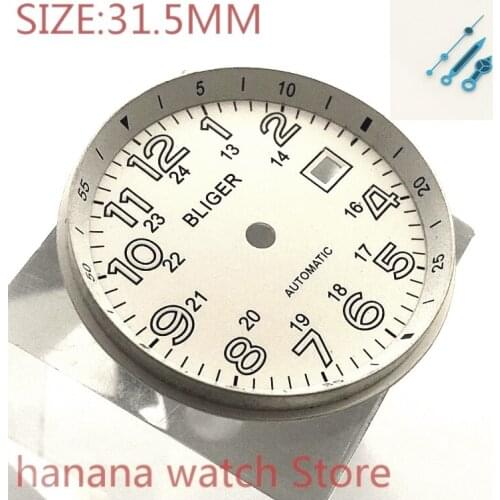 Bliger 31.5mm Dial Date Kit with Hands MH35 36 Mens Watch Night Plate Parts white