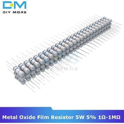 50PCS Metal Oxide Film Resistor 5W 5% +5% -5% 1R-1M 1K 2.2K 4.7K 5.1K 6.8K 10K 15K 22K 47K 100K Ohm Resistance Diy Electronic