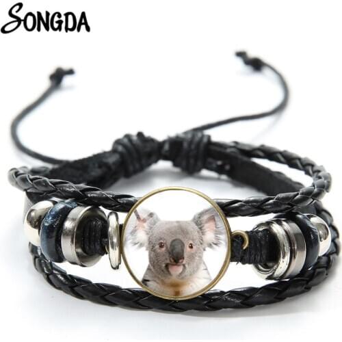 Cute Koala Baby Bracelet Fashion Precious Animal Glass Dome Photos Multilayer Leather Bracelets Woven Wristband for Kids