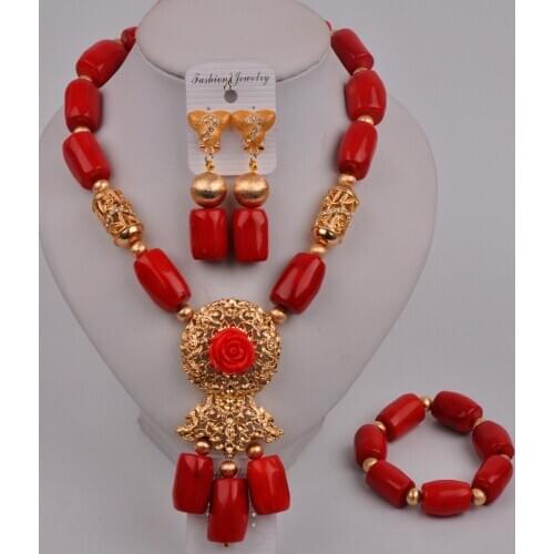 Nigerian Wedding Red Coral Jewelry Set African Necklace Coral Beads Set Bridal Jewelry Sets for Women 2-18-D1