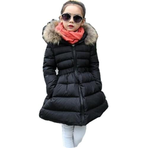 Winter New Girls' Coat Childrens Thickened Cotton Waistband Wool Collar Medium Length Down Cotton Padded Jacket 5-12 Ages