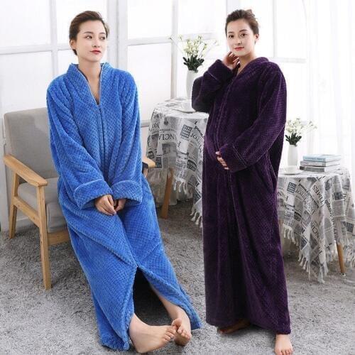 New Ladies Soft Feel Cozy zip up Long dressing gown Bath robe cover up housecoat Fleece Dressing Gown Robe for women M-XXL
