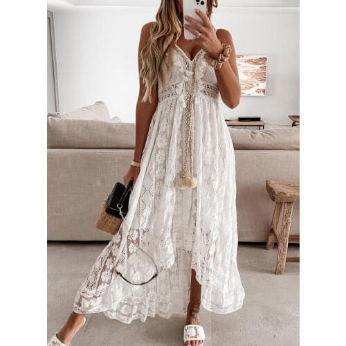 2021 Woman White Lace Dress Long Strap Tassels Beach V Neck Party Elagant Hollow Out Sleeveless Off Shoulder Cotton Lady Dresses