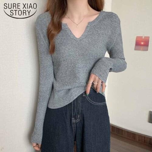 Casual Knitted Pullovers Women Tops 2021 Autumn New Fashion V-neck Sweater Solid Long Sleeve Sweaters Winter Clothes 16408