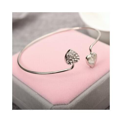 Cuff Opening Bracelet Adjustable Double Peach Heart Crystal Hot Sale Fashion 2020 for Ladies Silver Plated Women Channel Setting