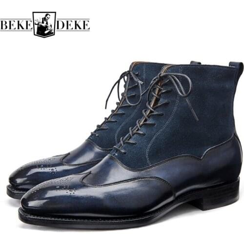 Luxury Men Patchwork Real Leather Brogue Boots Vintage Business OL Lace Up Oxfords Shoes England Style Pointed Toe Ankle Boots